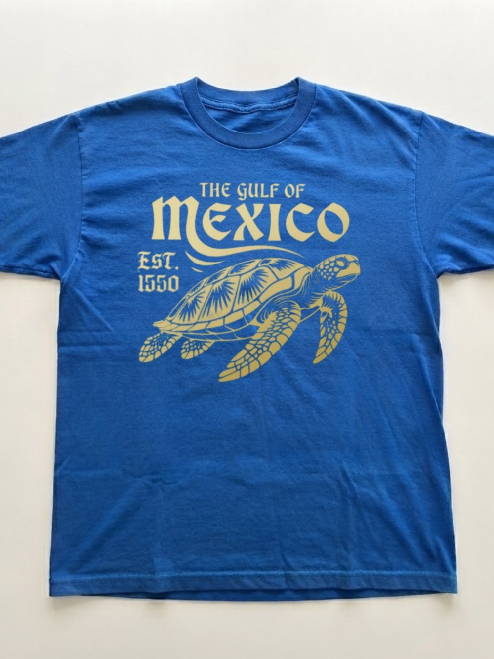 Blue Short Sleeve Tee with Yellow Turtle Gulf of Mexico Graphic